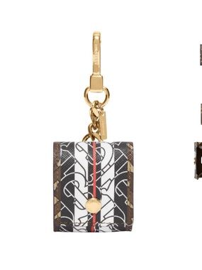 Burberry Brown & White Monogram AirPod Holder Key Charm with Gold Hardware